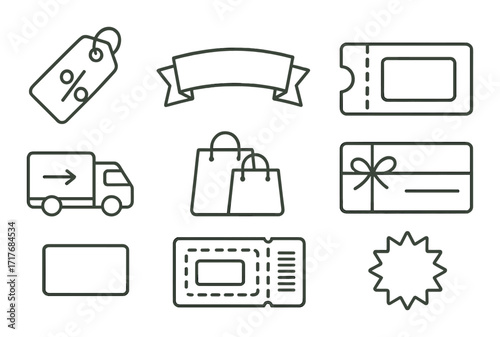 Vintage shopping icons: tags, banners, tickets, and gift cards on gold background