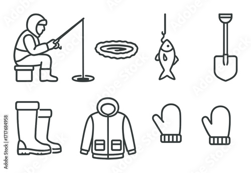 Silhouettes of ice fishing gear and apparel: fisher, hole, fish, shovel, boots, jacket, mittens