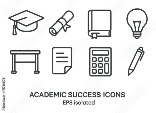 Academic success icons: graduation cap, diploma, book, lightbulb, desk, paper, calculator, pen