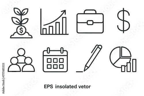Business icons including growth, finance, analytics, and management concepts