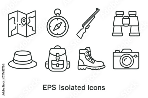 Outdoor adventure icons: map, compass, rifle, binoculars, hat, backpack, boots, camera