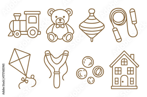 Vintage toy icons set featuring train, teddy bear, top, jump rope, kite, slingshot, bubbles, house