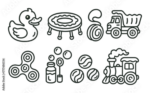 Children's toys icons: rubber duck, trampoline, yo-yo, dump truck, spinner, bubbles, balls, train