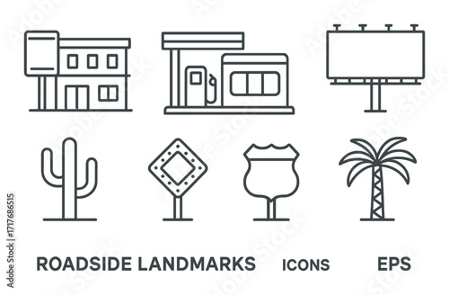 Silhouette icons of roadside landmarks and signs