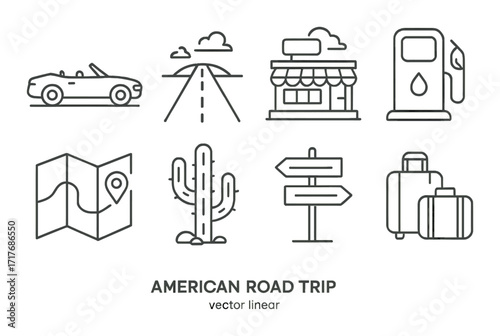 Line art symbols of american road trip with car, gas station, and cactus icons