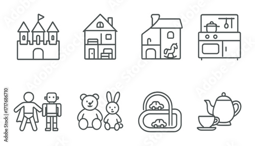 Outline icons of toys and household items including castle, house, robot, bear, kitchen, car track, teapot