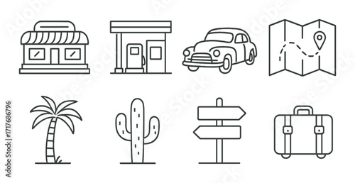 Minimalist travel and transportation icons: car, gas station, map, palm, cactus, signpost, luggage