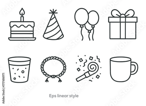 Outline icon set of cake, party hat, balloons, gift, drink, wreath, noise maker, mug