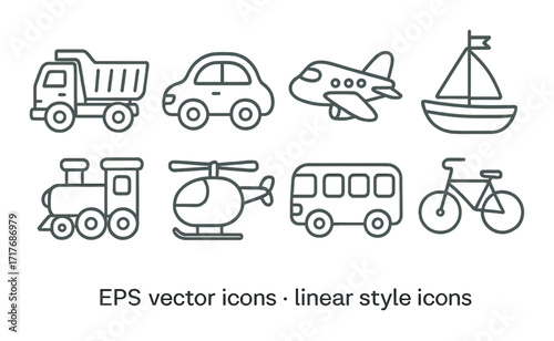 Set of linear transportation icons featuring various vehicles in black outline style