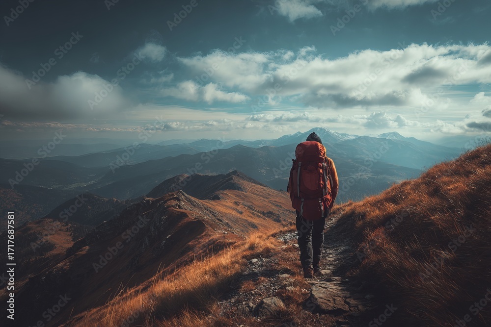 Fototapeta premium Hiker Walking Along Mountain Ridge Trail