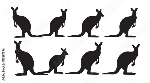 Collection of eight distinct kangaroo silhouettes in various poses and sizes silhouette
