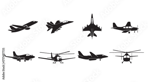 Collection of diverse aircraft silhouettes including jets helicopters and propeller planes silhouette