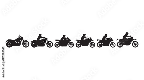 Collection of diverse motorcycle riders in a dynamic silhouette against a white background