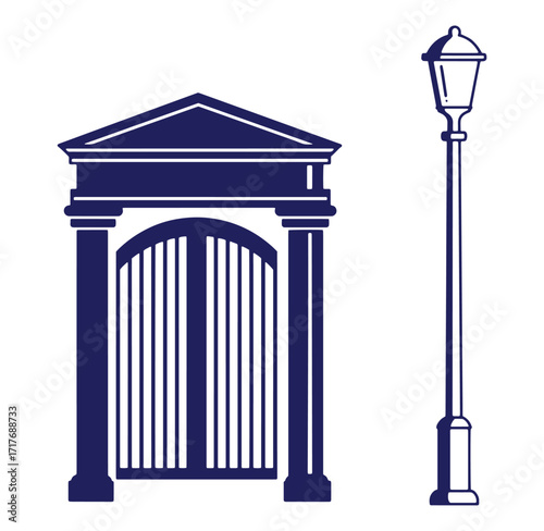 Vector illustration of elegant gate with columns and classic street lamp on white