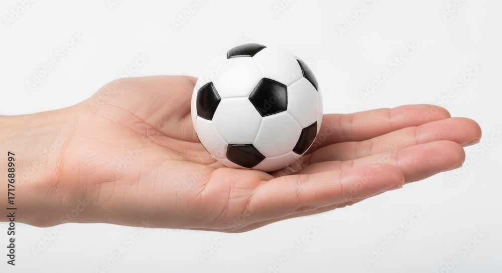 Fototapeta premium Open human hand cradles a miniature black and white soccer ball against a bright plain background