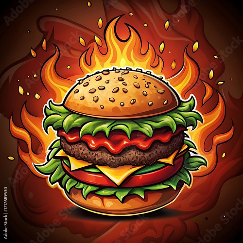 Spicy Flaming Burger Illustration