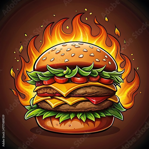 Spicy Flaming Burger Illustration