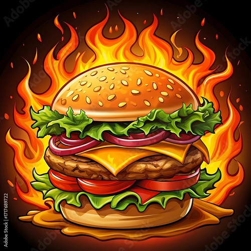 Spicy Flaming Burger Illustration