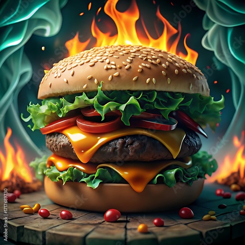 Spicy Flaming Burger Illustration