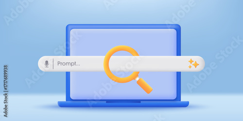 3D laptop with an AI generative bar icon. Concept of Artificial Intelligence. Input prompt as commands for analyzing data and generating idea by AI. Minimalist cartoon icon. Modern vector in 3D style