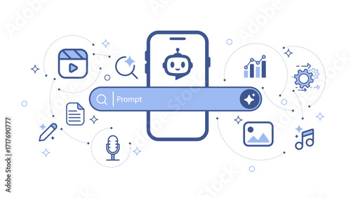 Artificial intelligence technology concepts. smartphone with generative bar and media icon. Machine learning and generate. Input prompt as commands for search and generate. Vector illustration.