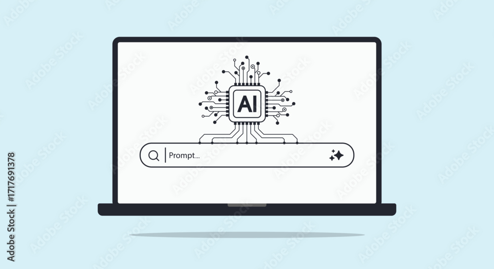 Naklejka premium Laptop screen with chip processor and AI generative bar. AI Assistant. Concept of Artificial Intelligence. Input prompt as commands for analyzing data and generating idea. Vector illustration.
