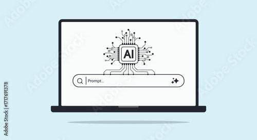 Laptop screen with chip processor and AI generative bar. AI Assistant. Concept of Artificial Intelligence. Input prompt as commands for analyzing data and generating idea. Vector illustration.