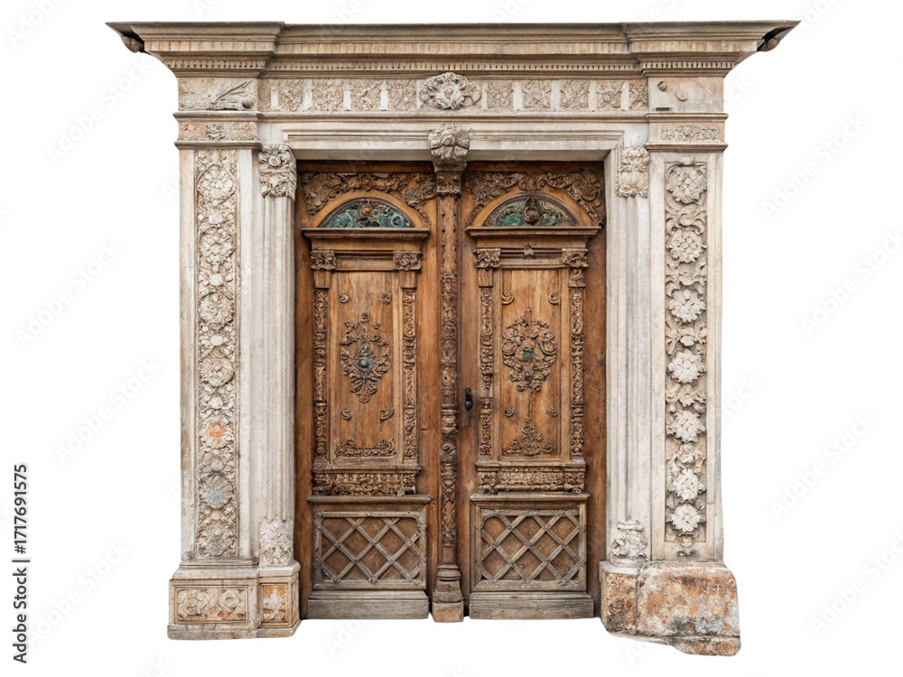 Fototapeta premium Ornately carved wooden door isolated on transparent background.
