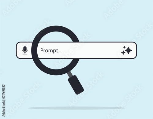 AI generative or search engine bar and magnifying glass. Chatbot and AI Assistant. Concept of Artificial Intelligence. Input prompt as commands for search and analysis by AI. Vector illustration.
