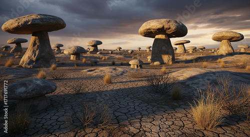 Arid Landscape with Unique Stone Mushroom Formations at Sunset.
This striking image captures a surreal, dry landscape filled with a cluster of unique, mushroom-shaped rock formations

