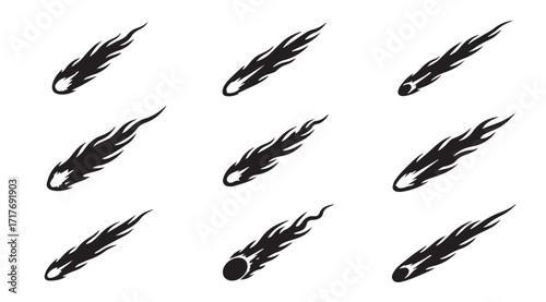 Collection of nine distinct falling meteor or comet silhouettes with fiery tails silhouette