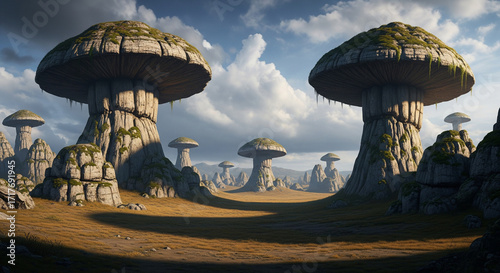 Bizarre Alien Landscape with Gigantic Stone Mushroom-like Formations.
This stunning image shows a surreal, otherworldly landscape dominated by massive, mushroom-like rock formations

