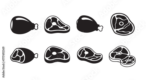 Collection of raw meat cuts and ham hocks in a distinctive silhouette style