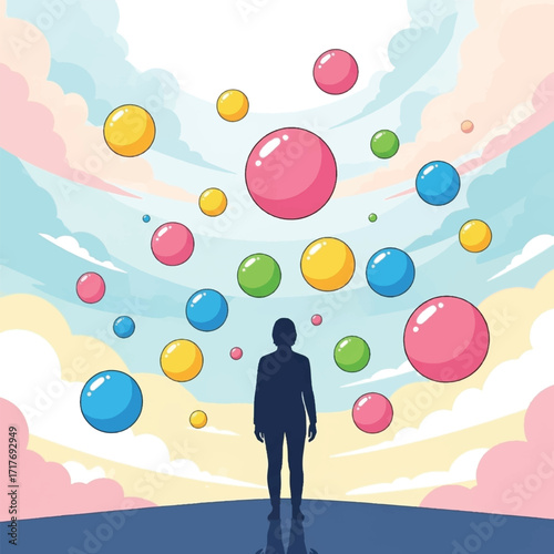Silhouette of a person standing and looking up at a sky filled with colorful floating bubbles.
