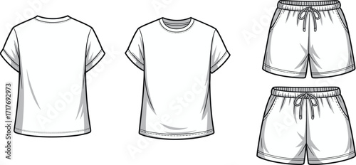 Blank t shirt and shorts flat sketch template, fashion vector outline for apparel design, casual wear clothing mockup, unisex outfit
