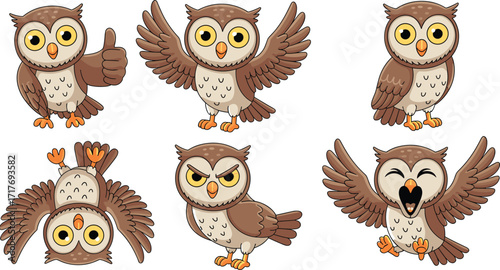 Cartoon owl mascot characters with cute expressions, funny poses, animal clipart, vector illustration, educational design, adorable bird, wildlife symbol