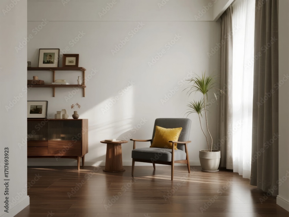 Fototapeta premium Minimalist living room with wooden furniture, armchair, potted plant, and natural light from large window