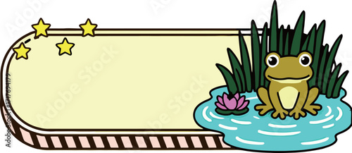 A blank banner with a frog sitting on a lily pad in a pond with a lotus flower and reeds.