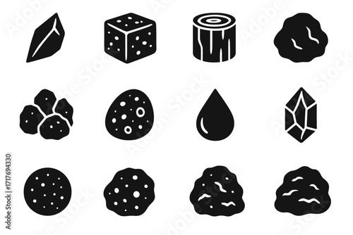 Magma droplet block ash sulfur crystal volcanic stone vector icon minerals icons