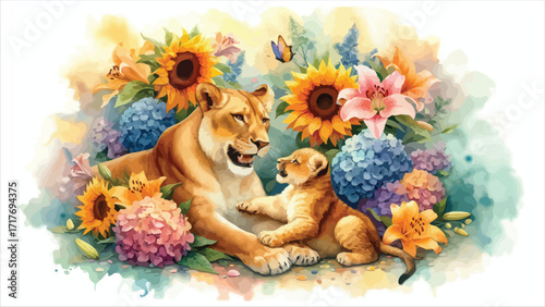 Vector art of lioness and cub surrounded by flowers