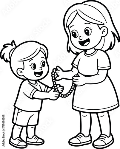Happy young girl giving a necklace to her older sister in a simple line art drawing illustration