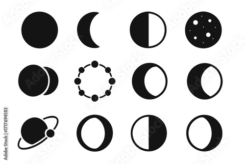 Shadowed sequence eclipse half full icon lunar phases symbol moon vector icons