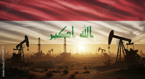 Oil pumps operating under the Iraqi flag at sunset, symbolizing the nation's oil industry and resources.
