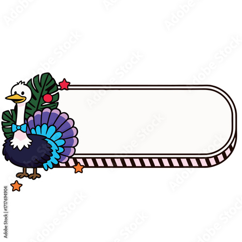 An illustration of a cartoon ostrich with a colorful tail and a blue bow tie, standing next to a leafy branch with berries.