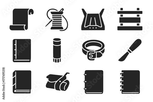 Trimming icons icon cradle stick vector bookbinding tools parchment strap roll needle