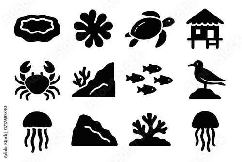 Plateau icon hut jellyfish atoll turtle vector shoal reef perched coral seabird