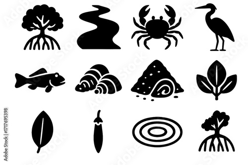 Bird icon vector leaf water fish mangrove roots crab collection tidal seed