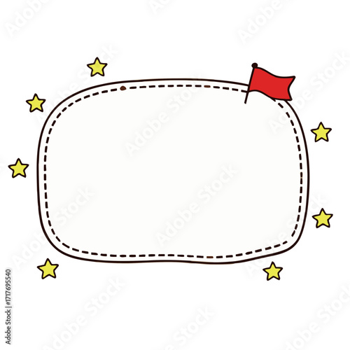 A hand-drawn, cute, oval-shaped blank frame with a dotted border, decorated with a red flag and surrounding yellow stars.