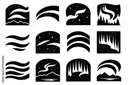 Landscape icons icon under light curved sky starlit arcs vector over collection