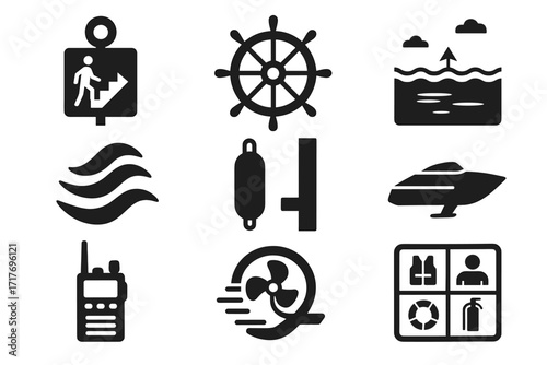 Flow propulsion boarding hydrofoil water wheel vector safety navigation icon ferry icons